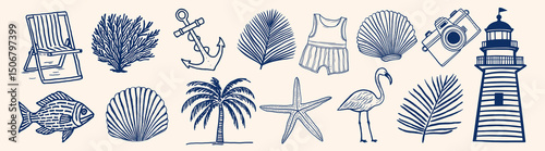 Nautical icons beach theme, vector set