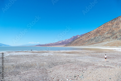 Badwater Basin with salt in death valley national park, California USA on a sunny day
