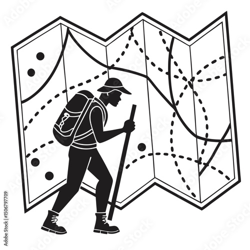 folded trail map with trail dots black silhouette