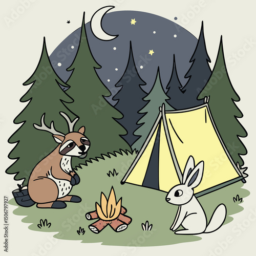 forest animals near campsite flat style