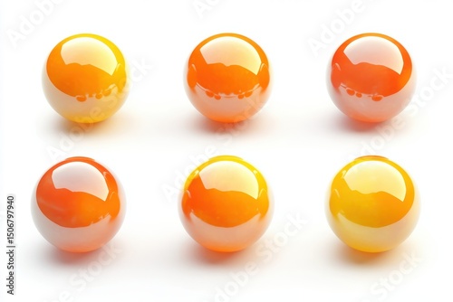 Six glossy orange spheres isolated on white background