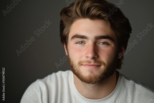A modern and stylish close-up portrait of a young man with a confident smile