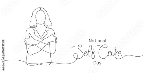 International Self-Care Day text banner template. Editable stroke hand drawn lettering. One line art background with woman hugs herself. Outline drawing with typography for poster card
