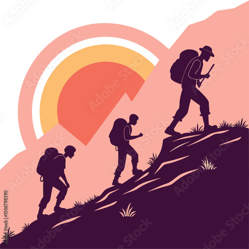 group hiking at sunrise silhouette vector white