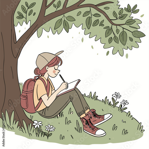 girl hiker resting under a tree with journal