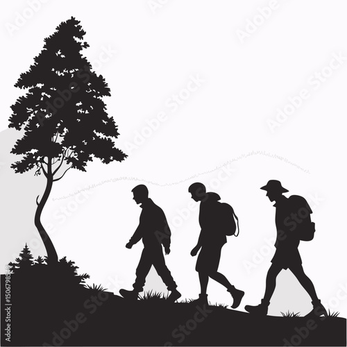 group of hikers walking in line black silhouette