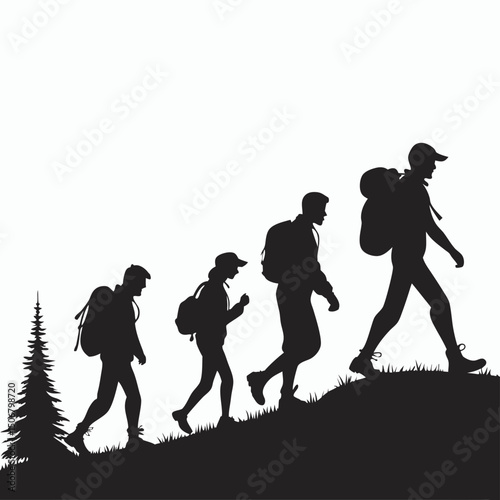 group of hikers walking in line black silhouette