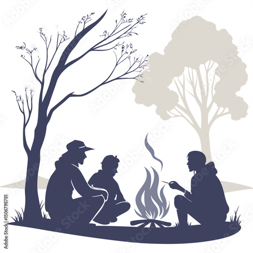 group sitting around campfire silhouette vector s