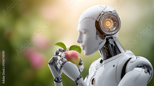Serenity in Nature: Humanoid AI Robot Enjoying Fresh Fruit