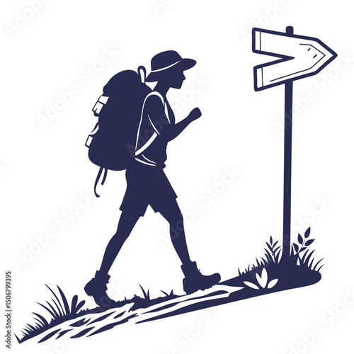 hiker passing trail sign silhouette vector white