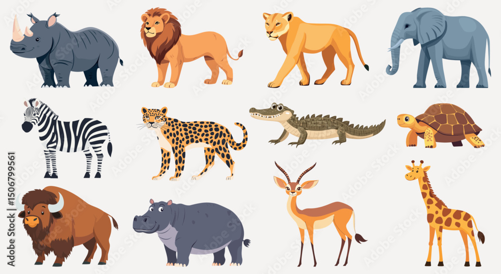 Fototapeta premium Colorful illustrated wild animals, element vector set
