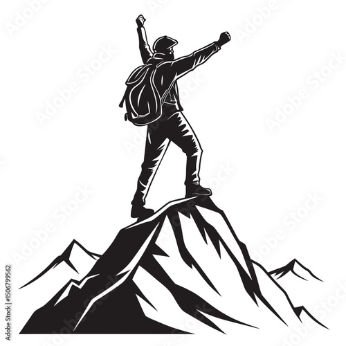 hiker standing on mountain peak with arms wide bl