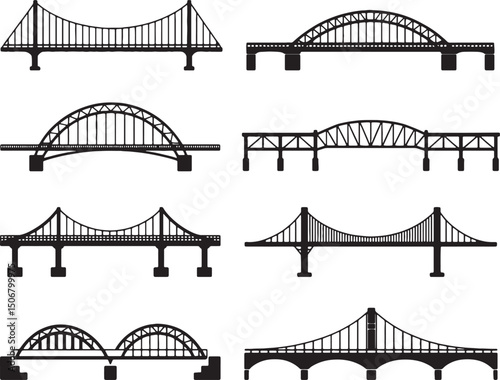 Eight different types of bridges vector illustration