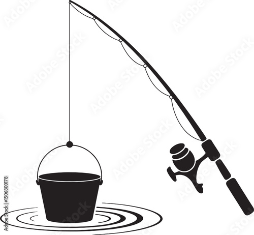 Fishing rod bucket water ripples silhouette