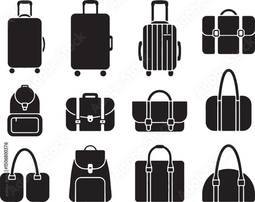 Black silhouettes of various travel bags and luggage