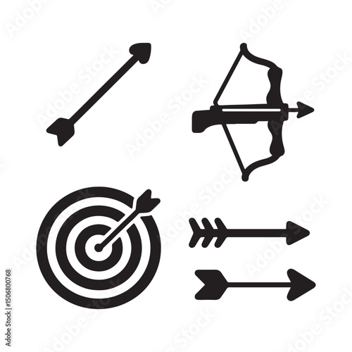 Archery Target, Bow, and Arrow Icons Set Art & Illustration