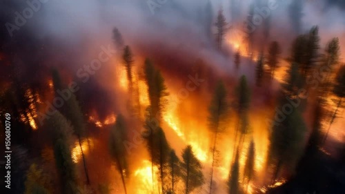 Aerial view of a forest fire with smoke and flames engulfing the treescape