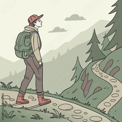male hiker with backpack on mountain trail