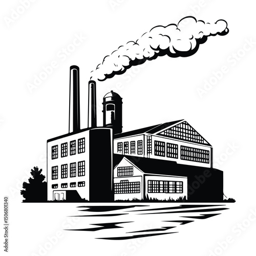 Factory silhouette, Factory black vector, Minimalist Factory Line Art Vector | Factory Logo Icon Clipart Illustration on White Background, Factory and industrial building icons set in black silhouette