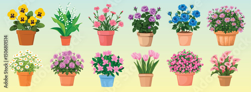 Colorful potted flowers illustration, isolated vector set