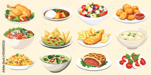 Illustration of various international dishes, including salads, meats, and desserts, vector set