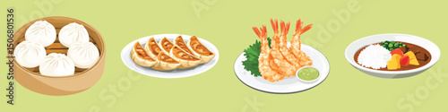 Illustration of Asian dishes: dumplings, gyoza, tempura, and curry on a green background, vector set