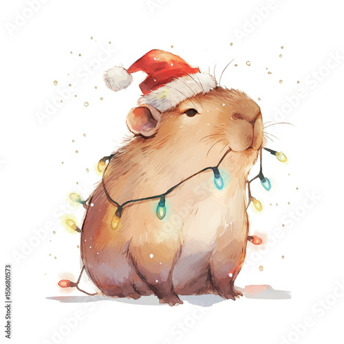 Cute capybara decorated with Christmas lights and wearing a Santa hat in a festive setting during the holiday season