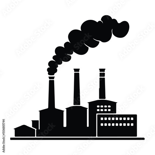 Factory silhouette, Factory black vector, Minimalist Factory Line Art Vector | Factory Logo Icon Clipart Illustration on White Background, Factory and industrial building icons set in black silhouette