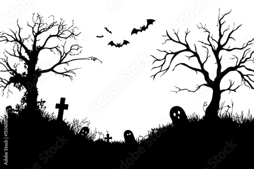Spooky graveyard with ghosts, bats, and bare trees on white background.