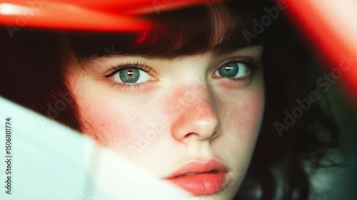 A woman with a red nose and green eyes. She is wearing a red shirt. The photo is in black and white