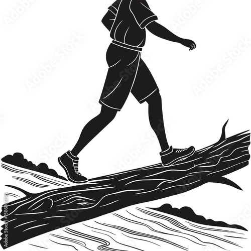 person walking on log over river black silhouette