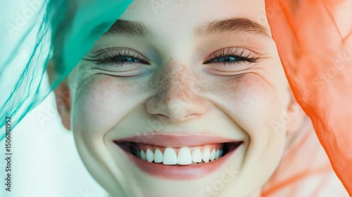 A woman with blue eyes and red hair is wearing a green and orange scarf. She is looking at the camera with a smile