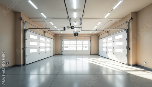 Empty garage interior with three white garage doors. Bright led lights on ceiling, glossy floor. Modern design. Perfect for construction, repair services, real estate visuals or advertising.