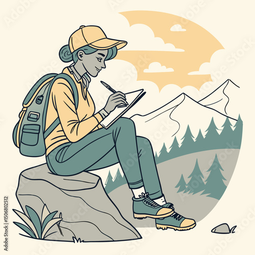 solo hiker sketching in notebook