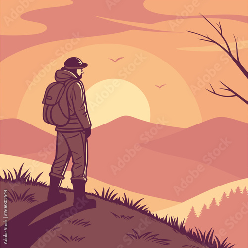 solo hiker watching sunrise from hilltop