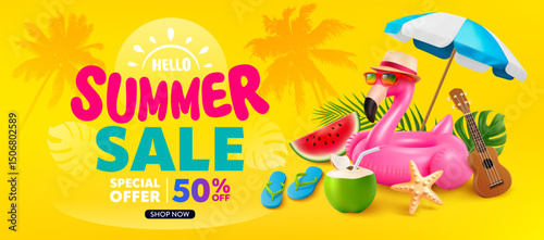 Summer banner template with flamingo float,ukulele,coconut drink,beach umbrella,watermelon,starfish,palm leaves and Summer sale discount text on yellow background,Promotion template for summer sale