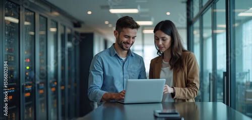 Two tech engineers discuss AI software in modern office. Smiling man, woman look at laptop computer, analyze system. Teamwork brainstorms AI project. Software development, cybersecurity.