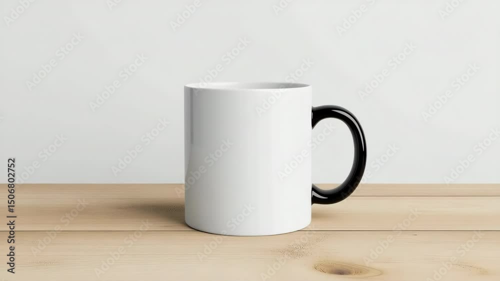 A white coffee mug with a black handle sits on a wooden table. The mug is empty and has a clean, minimalist design. The contrast between the white and black colors creates a modern
