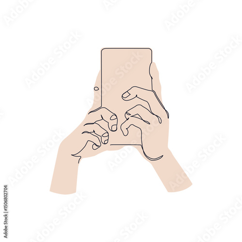 Hand hold mobile smartphone minimal one line drawing art isolated on white background. Smartphone surfing in Social Media, watching video continuous line art. Vector Illustration.