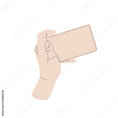 Hand hold mobile smartphone minimal one line drawing art isolated on white background. Smartphone surfing in Social Media, watching video continuous line art. Vector Illustration.