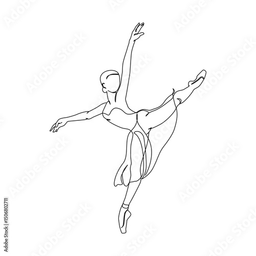 Dancing woman in motion continuous one line art drawing isolated on white background. Ballet dancer body freedom concept. Minimal ballerina poster print. Line draw design vector graphic illustration