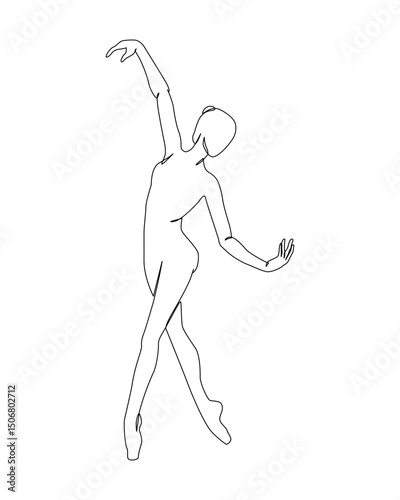 Dancing woman in motion continuous one line art drawing isolated on white background. Ballet dancer body freedom concept. Minimal ballerina poster print. Line draw design vector graphic illustration