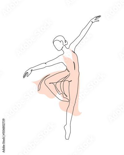 Dancing woman in motion continuous one line art drawing isolated on white background. Ballet dancer body freedom concept. Minimal ballerina poster print. Line draw design vector graphic illustration