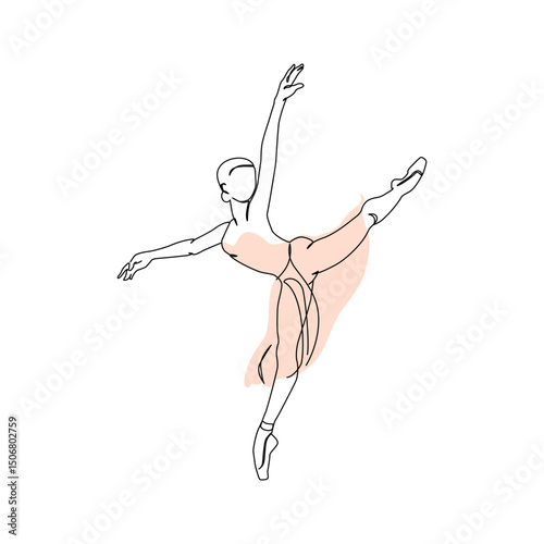 Dancing woman in motion continuous one line art drawing isolated on white background. Ballet dancer body freedom concept. Minimal ballerina poster print. Line draw design vector graphic illustration
