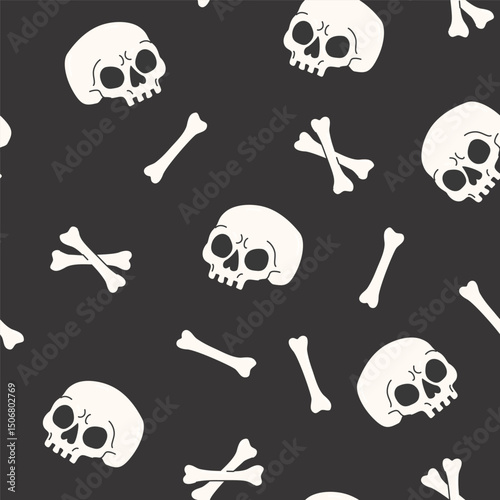 Cartoon funny skulls with bones, crossbones seamless pattern. Skull and bone background. Vector illustration. Spooky creepy Halloween concept for textile fabric design in modern fashion style