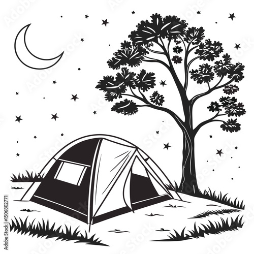 tent and starry night sky silhouette vector whit