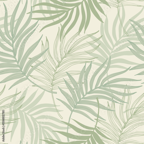 Abstract tropical foliage background in pastel green blue colors. Palm leaves in line art, grunge silhouette seamless pattern. Vector tropics illustration for swimwear design, wallpaper, textile