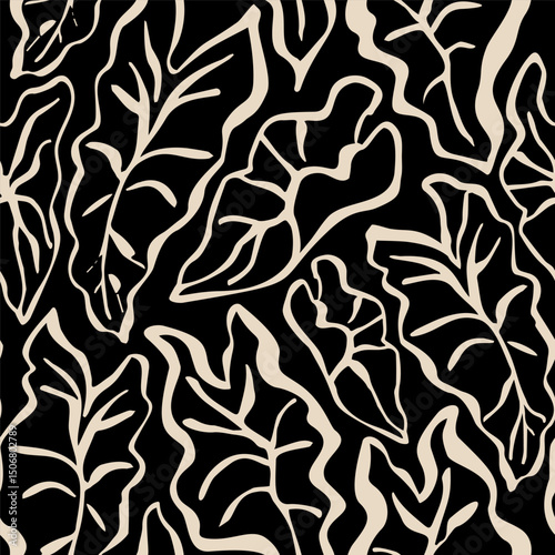 Abstract tropical leaves seamless pattern. Summer background. Minimal illustration with hand drawn grunge ink textured leaves for minimalist print, cover, boho home decor, wallpaper design Vector art
