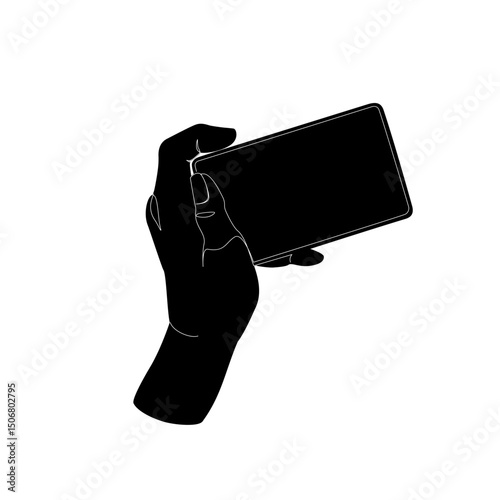 Hand hold mobile smartphone minimal one line drawing art isolated on white background. Smartphone surfing in Social Media, watching video continuous line art. Vector Illustration.