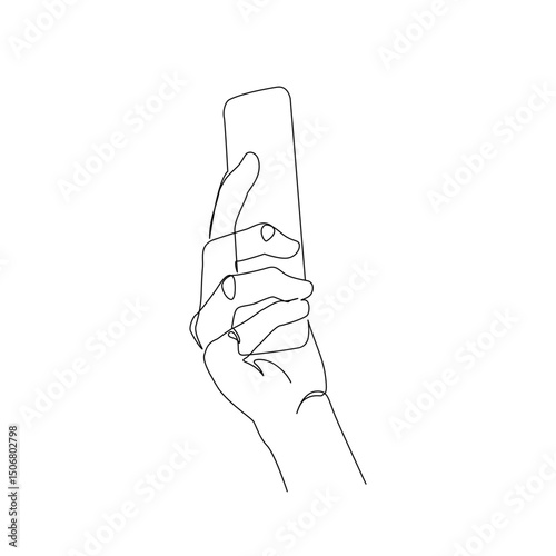 Hand hold mobile smartphone minimal one line drawing art isolated on white background. Smartphone surfing in Social Media, watching video continuous line art. Vector Illustration.